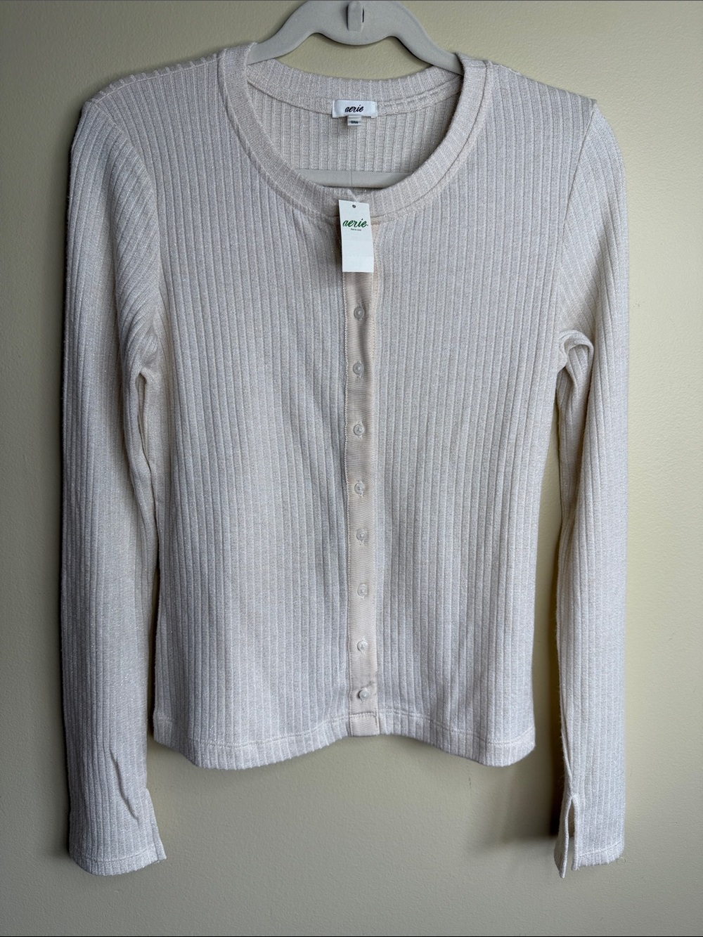 Aerie M Cream Metallic Ribbed Button Front Cardigan Sweater NWT
